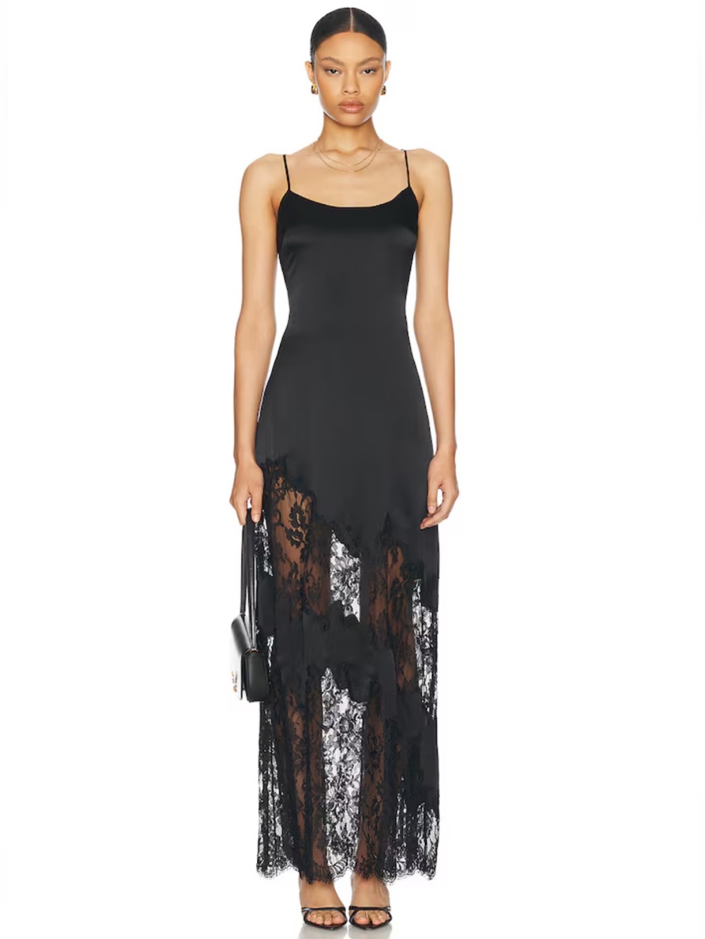L'AGENCE Black Lace-Trim Slip Maxi Dress